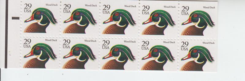 1991 USA Wood Duck Booklet pane of 10 (Scott 2284a) MNH