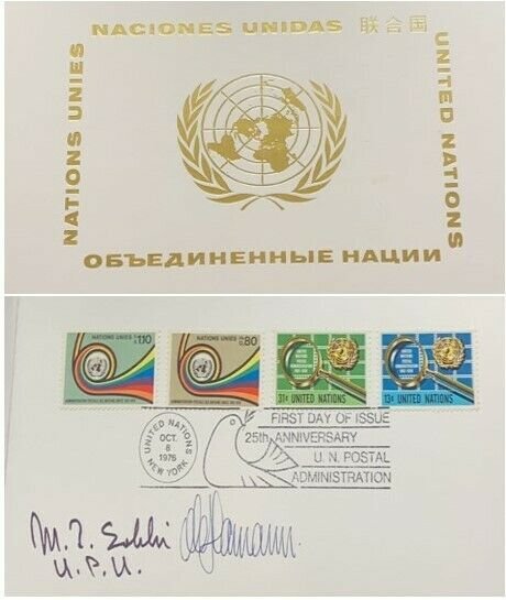 A) 1976 UNITED NATIONS, UN POSTAL ADMINISTRATION, FDC, SIGNED BY THE DIRECTOR OF