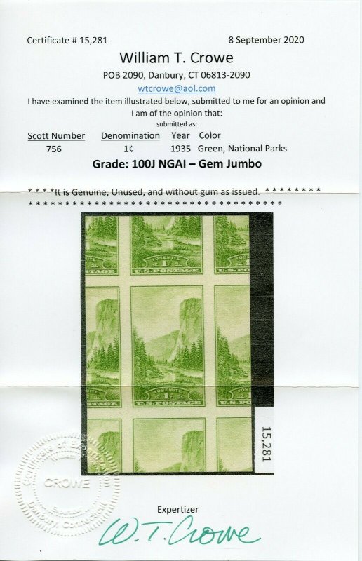US SCOTT #756 GP Mint-Gem-NGAI Jumbo Graded 100J Crowe Cert (GARY 9/13/20)