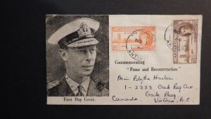 1946 Antigua First Day Cover FDC St Johns to Oak Bay Victoria BC Canada Peace