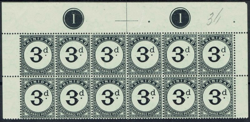 TRINIDAD 1905 POSTAGE DUE 3D PLATE 1 BLOCK */** WMK MULTI CROWN CA 