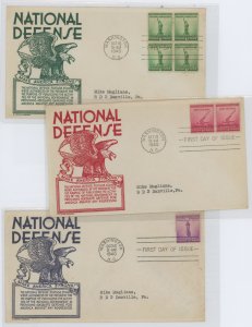 US 899-901 1940 National Defense series of three stamps on three addressed first day covers with matching Anderson cachets.