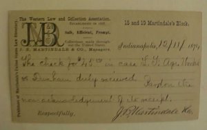 US #UX3 EXTRA LINE B; 1874 INDIANAPOLIS INDIANA PICTURE AD JB MARTINDALE