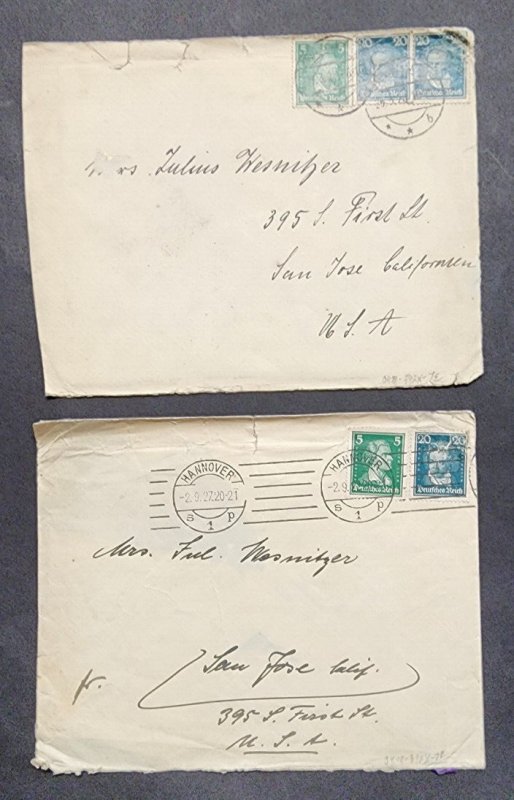 German Deutsches Reich Germany Postal covers envelope to San Jose CA USA 1927/28