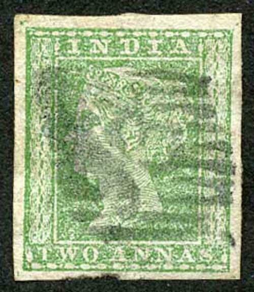 India SG31 1854 2a Pale Green Four Margins SHOWING WATERMARK