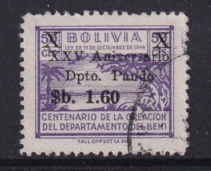 Bolivia   #491  used  1966   surcharges revenue stamp 1.60b