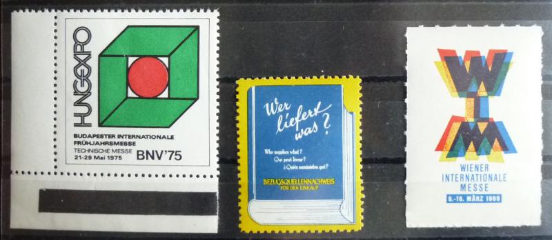 3 POSTER STAMPS - FAIR - MESSE! usa us budapest hungary wien vienna austria J9