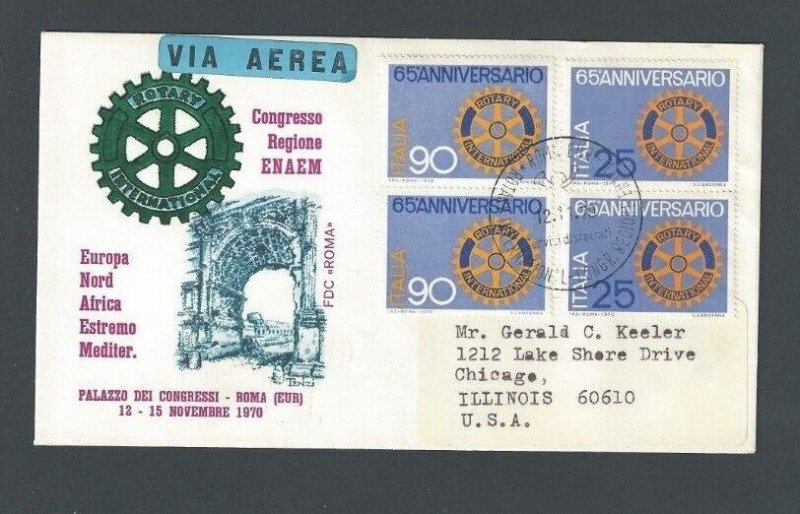 1970 Italy FDC Rotary 65th Anniversary W/#1025-1026 & Private Note Enclosed