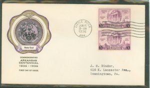 US 782 1936 3c Arkansas State Centennial (pair) on an addressed (typed) FDC with a rice cachet.