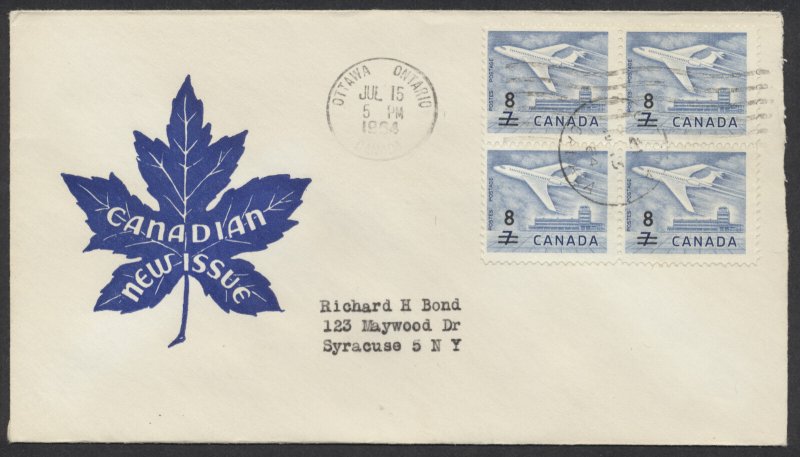 1964 #430 8c on 7c Jet Surcharge FDC Block Herget Cachet Ottawa