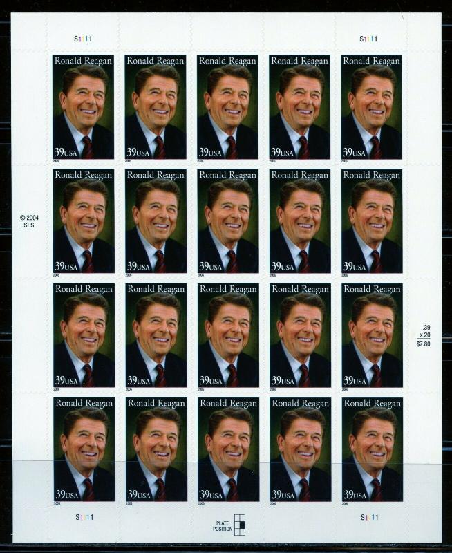 UNITED STATES SCOTT#4078 RONALD REAGAN  SHEET OF TWENTY MINT NEVER HINGED