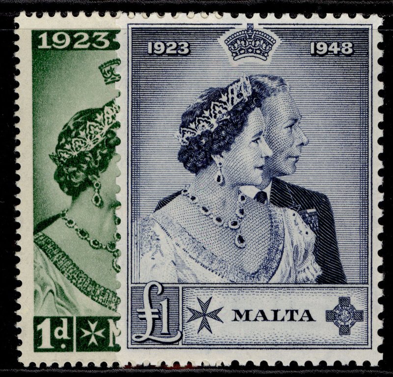 MALTA GVI SG249-250, royal silver wedding set, NH MINT. Cat £38. 