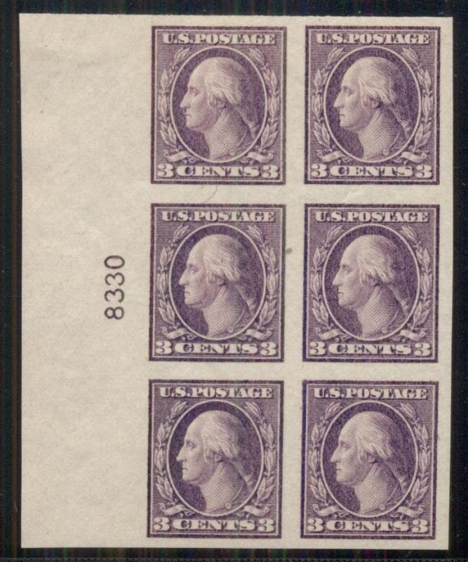 US #484 3¢ violet, type II, Plate No. Block of 6 NH, but LH in mgn only, XF