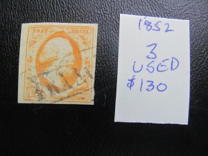 NETHERLANDS 1852 USED SC 3 VF $130 (179)