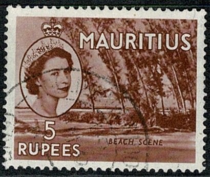 MAURITIUS QE II 1953-58 5R RED-BROWN VFU SG305 Wmk.MSCA VGC