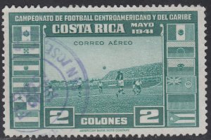 1941 COSTA RICA 2 COLONES GREEN SOCCER FOOTBALL (YVERT #A62) USED VF