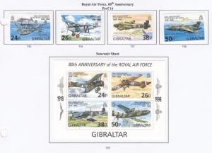 GIBRALTAR # 755-759 VF-MLH ROYAL AIR FORCE,80TH ANNIVERSARY & S/SHEET 1998