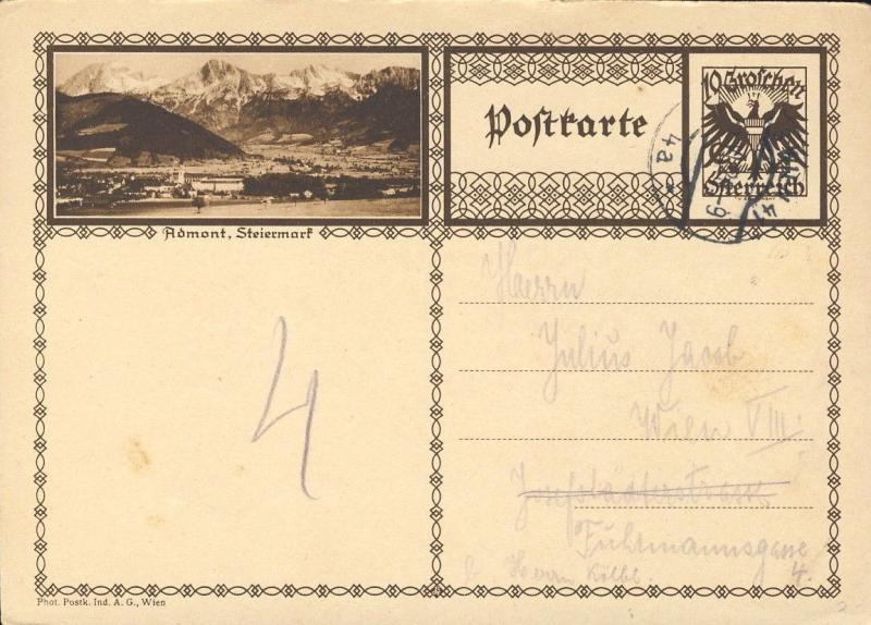 AUTRICHE / AUSTRIA 1927 MiP278a 10Gr dark brown postal card (ADMONT) Used Vienna