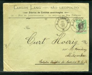 Brazil 1902 Cover SAO LEOPOLDO to Milwaukee Wis, USA