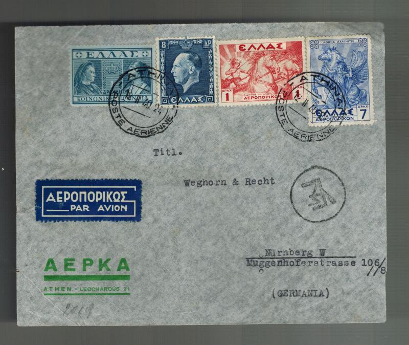 1940 Athens Greece Airmail Commercial Censored Cover to Nuremburg Germany