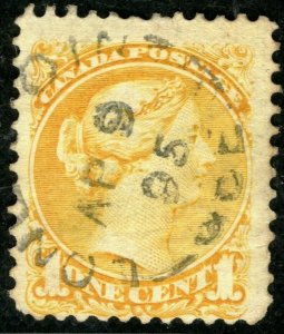 CANADA QV Small Queen Stamp 1c Yellow 1895 CDS Used BLACK433