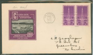US 852 1939 3c Golden Gate International Expo (Pair) on an addresesd FDC with an Ioor Cachet