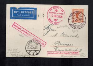 1929 Breslau Germany Graf Zeppelin in Flight RPPC Postcard Cover to Bremen LZ127