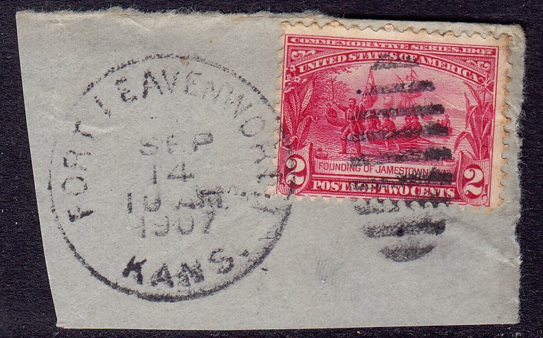 USA - 1907 - Scott #329 - used on piece - Jamestown - FORT LEAVENWORTH KANS. pmk