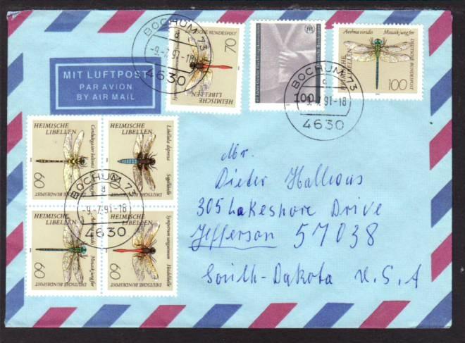 Germany to Jefferson South Dakota 1991 Airmail Cover 