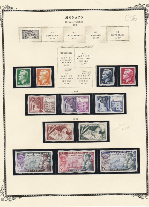 Monaco Mounted Mint Stamps On Sheet 1951-53 Ref: R6238