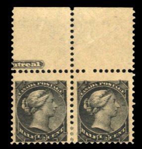 Canada #34 Cat$45, 1892 1/2c black, part imprint horizontal pair, hinged, gum...