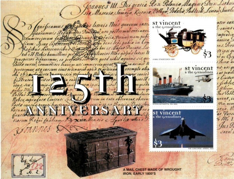 St. Vincent 1999 - SC# 2738 UPU, Concord, Ship, Coach - Sheet of 3 Stamps - MNH