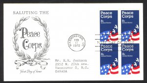 USA Sc# 1447 (Artmaster) FDC Block/4 (c) (Washington, DC) 1972 Peace Corps 10th