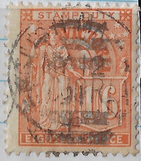 Victoria 1/6 orange stamp duty, Barefoot 61 postally used. Use appears  ge(aa431