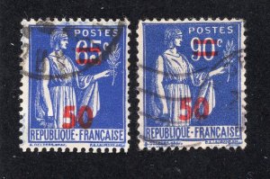 France 1941 50c on 65c & 50c on 90c Surcharges, Scott 402, 406 used, value = 60c