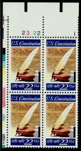 1987 Signing Of Constitution Plate Block Of 4 22c Stamps, Sc# 2360, MNH, OG