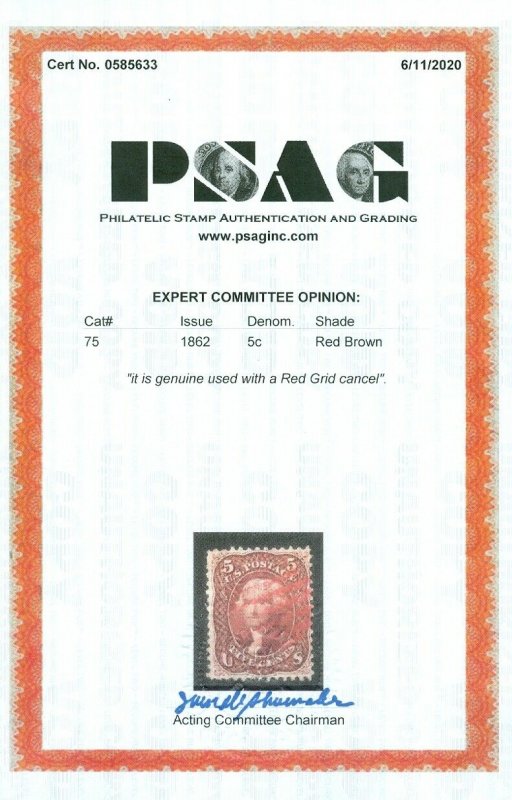 EDW1949SELL : USA 1862 Scott #75 Used. Choice stamp. PSAG Certificate. Cat $475+