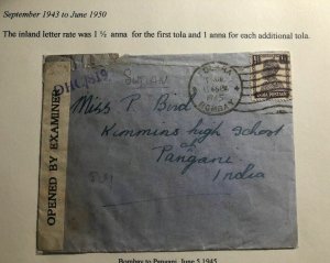 1945 Bombay India Censored Cover To Kummins High School Pangani