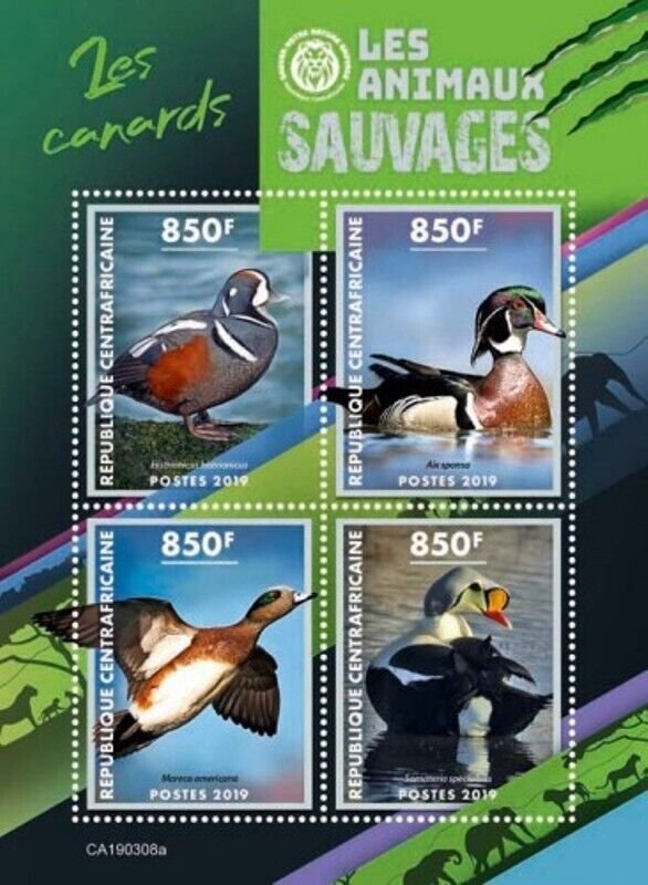 Central Africa - 2019 Wild Animals Ducks - 4 Stamp Sheet - CA190308a