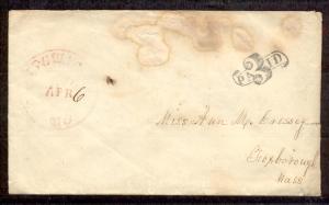  Stampless Cvr Ipswich Mass1851-53 3/Paid Ribbon CV $35 L@@K