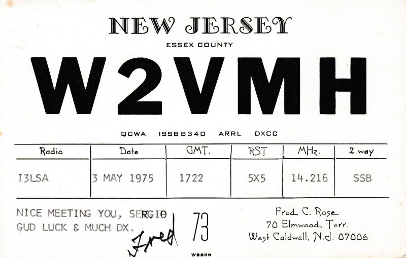 7053 Amateur Radio QSL Card  NEW JERSEY USA