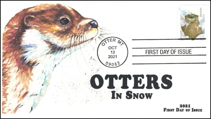 21-290, 2021, Otters in Snow, First Day Cover, Standard Postmark, Otter MT