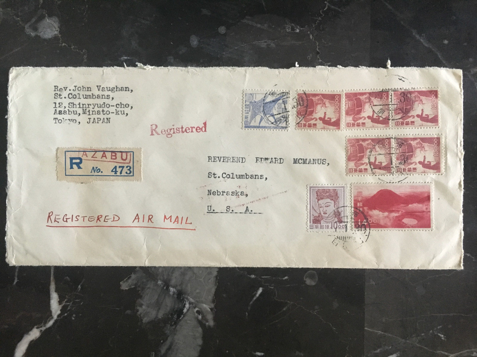 1952 Azabu Japan Airmail cover to USA Registered Multi Franking