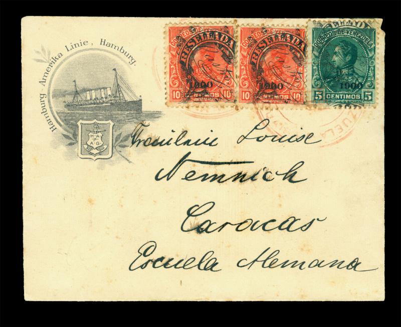 VENEZUELA 1900 RESELLADA ovpt.  5c+10c(2) on beautiful Hamburg-Amerika Linie cvr