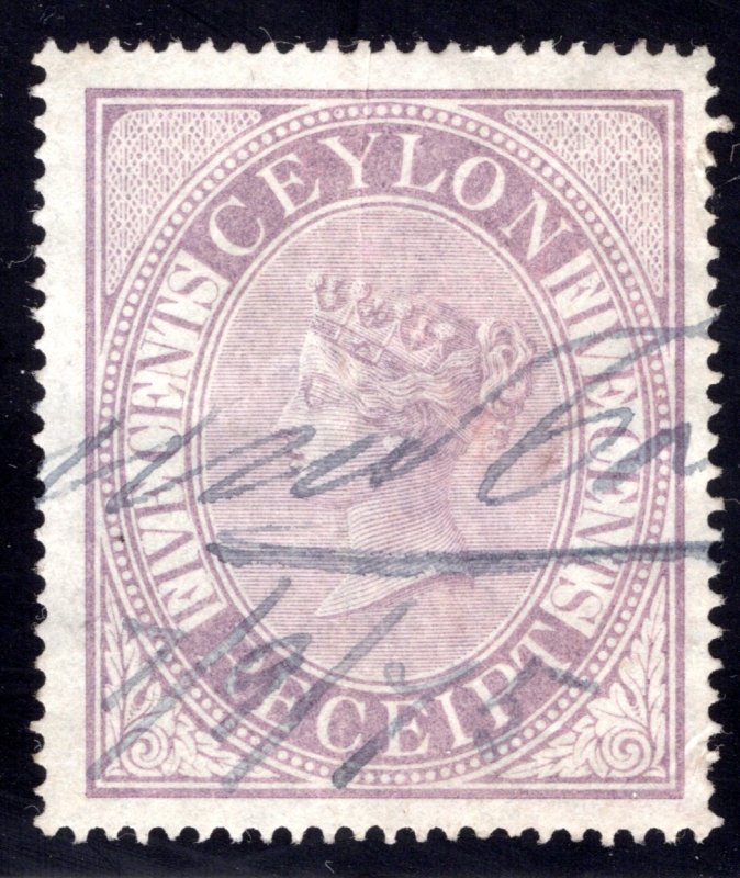 Ceylon, Receipt Revenue, Five Cents, Used, light crease down middle