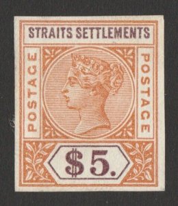 MALAYA - STRAITS SETTLEMENTS 1892 QV Tablet $5 imperf proof colour trial. UNIQUE