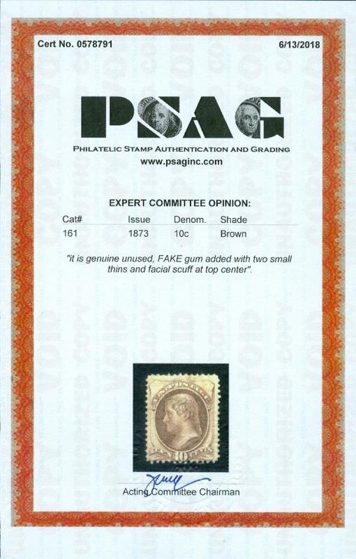 EDW1949SELL : USA 1873 Sc #161 Mint No Gum Fake grill to appear as 139 PSAG Cert