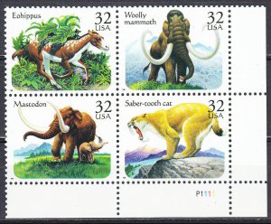 1996 Prehistoric Animals Plate Block Of 4 32c Stamps, Sc# 3077-3080, MNH, OG