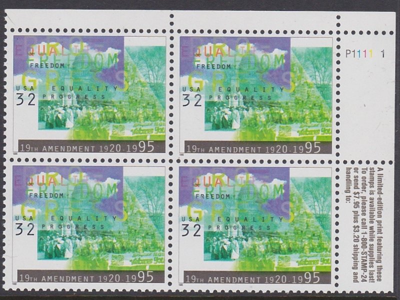 2980 Woman Suffrage Plate Block MNH