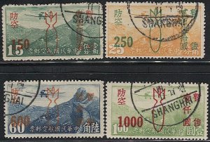 CHINA Shanghai & Nanking 1945  Sc 9N111-114 Bomb Overprint Used VF Shanghai canc